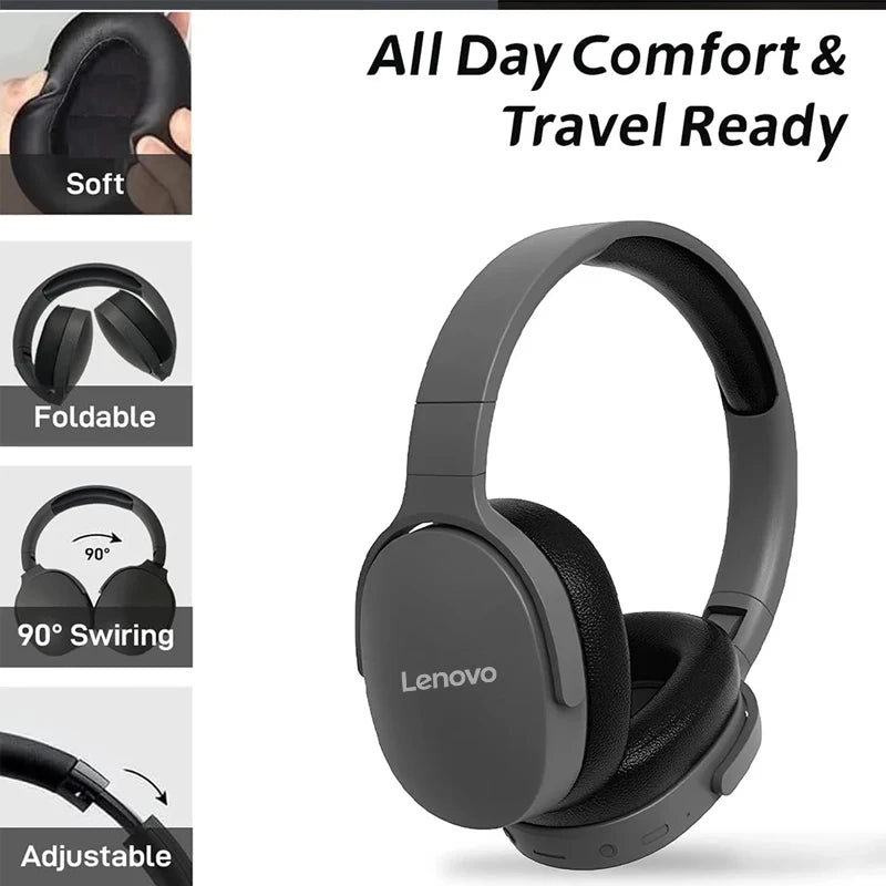Lenovo Wireless Bluetooth5.3 Headphones Over Ear Hifi Stereo Headset True Sports With Earphones TF/AUX Music Player with HD Mic