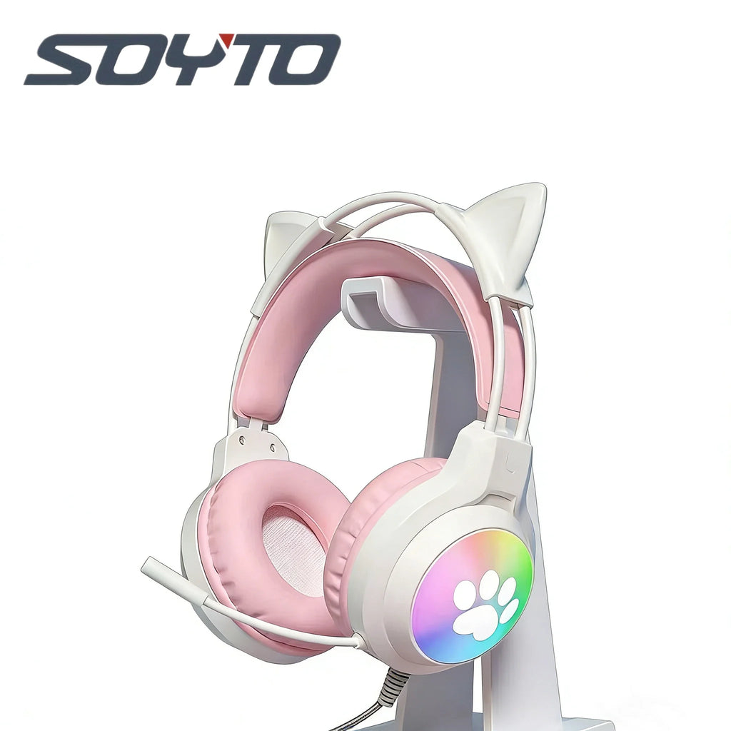 SOYTO Cat Ear Over-Ear Wired Glowing Gaming Headset with Mic Noise Reduction Deep Bass Comfortable for Long Wear for PC & Laptop