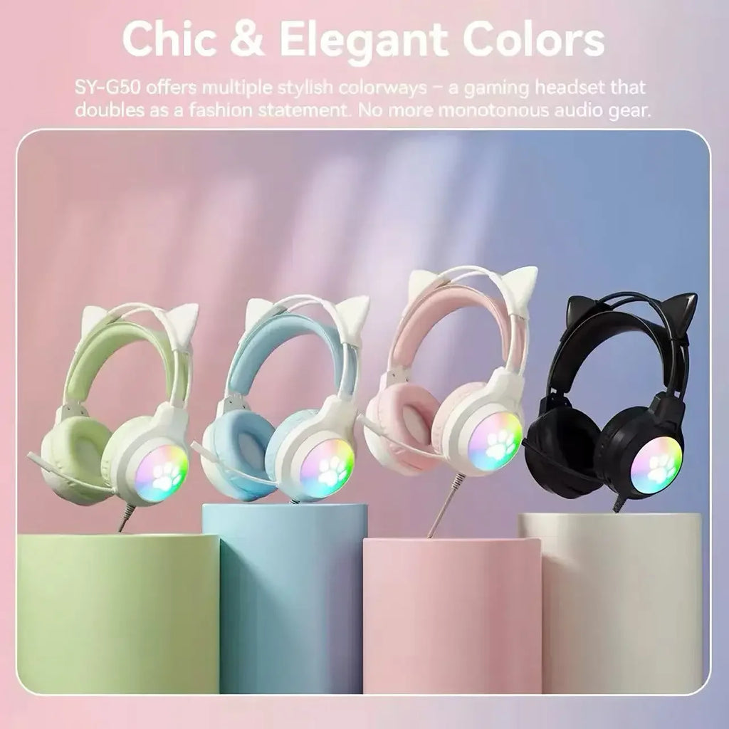 SOYTO Cat Ear Over-Ear Wired Glowing Gaming Headset with Mic Noise Reduction Deep Bass Comfortable for Long Wear for PC & Laptop