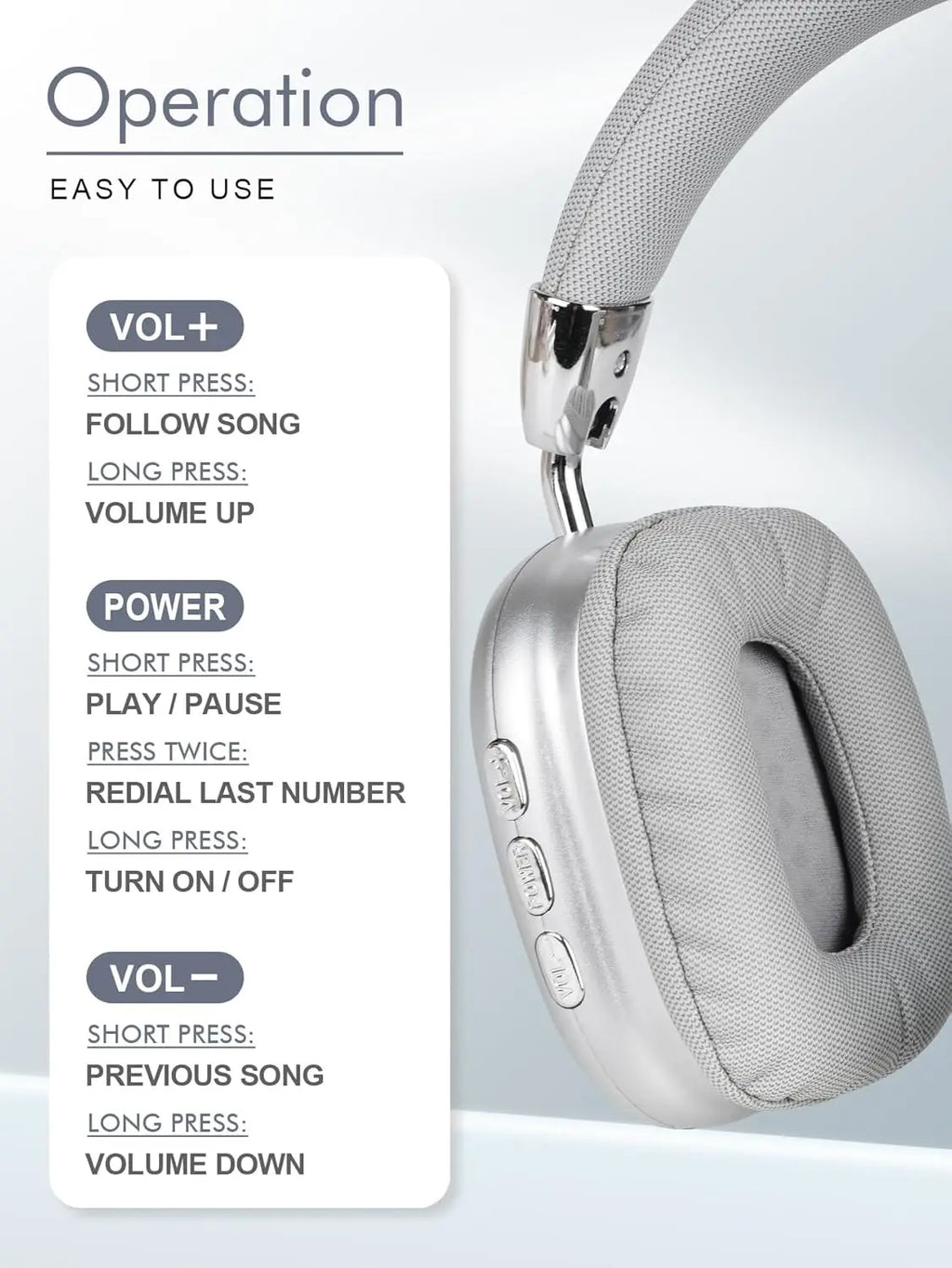Wireless Over-Ear Headphones, Foldable Portable, Silver Metal, Mesh Fabric, Ideal For Travel Study Sports Music (Silver)